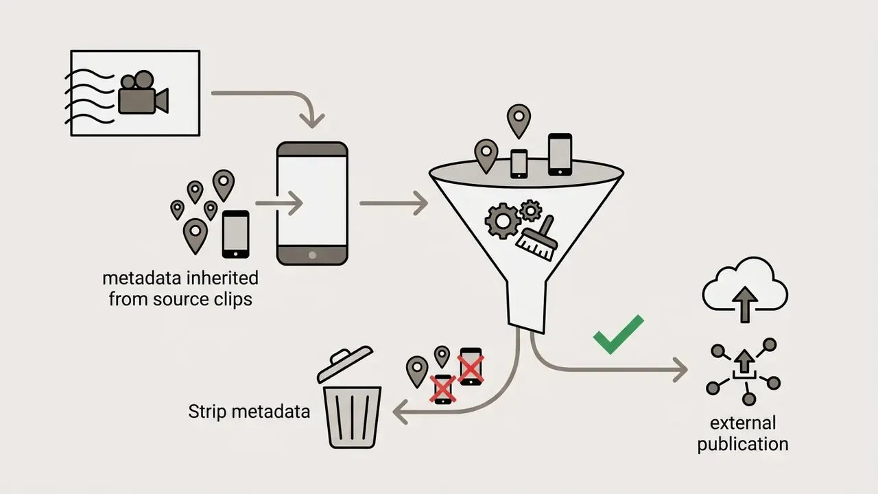 Visual process of filtering mobile video metadata through a funnel before external publication