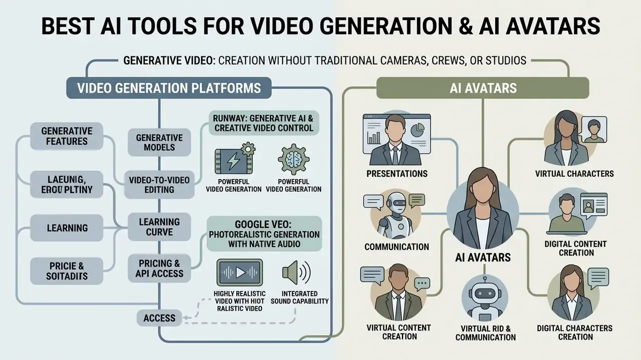 Diagram outlining key features of AI video generation platforms and diverse use cases for AI avatars