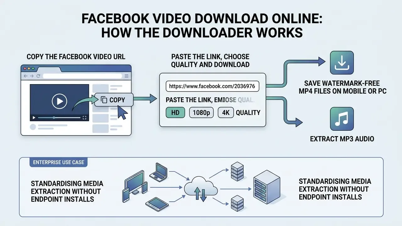 Flowchart showing steps to copy a Facebook video URL, select quality, and save files or extract audio
