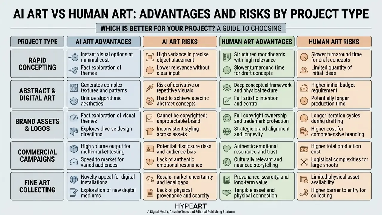 Structured matrix detailing the pros and cons of AI art versus human art across five project categories