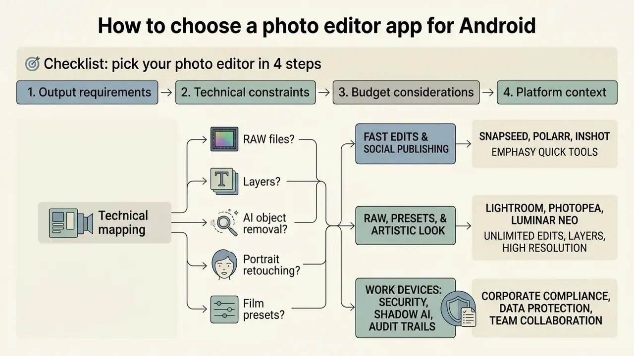 Four-step decision flowchart mapping technical needs to specific mobile software capabilities