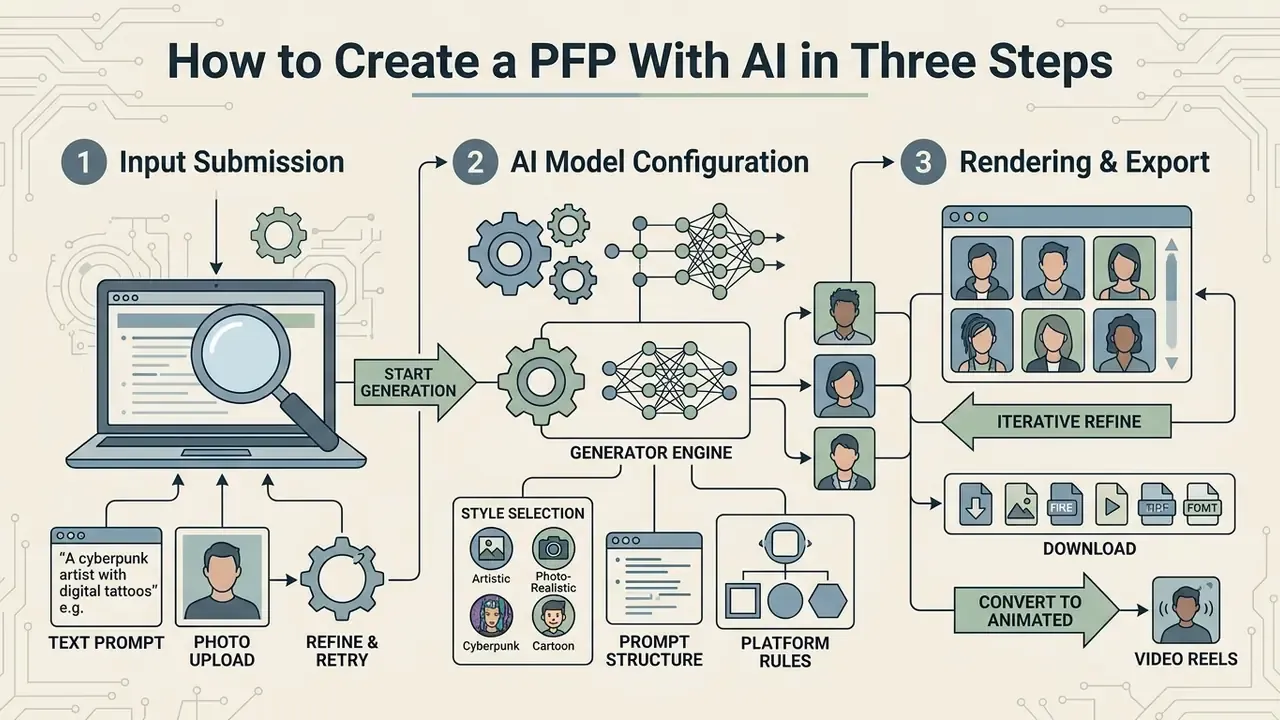 Three-step diagram showing input submission, model configuration, and rendering of custom avatars