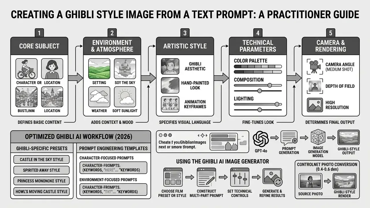 Comprehensive infographic detailing a five-step workflow for creating Ghibli style AI imagery