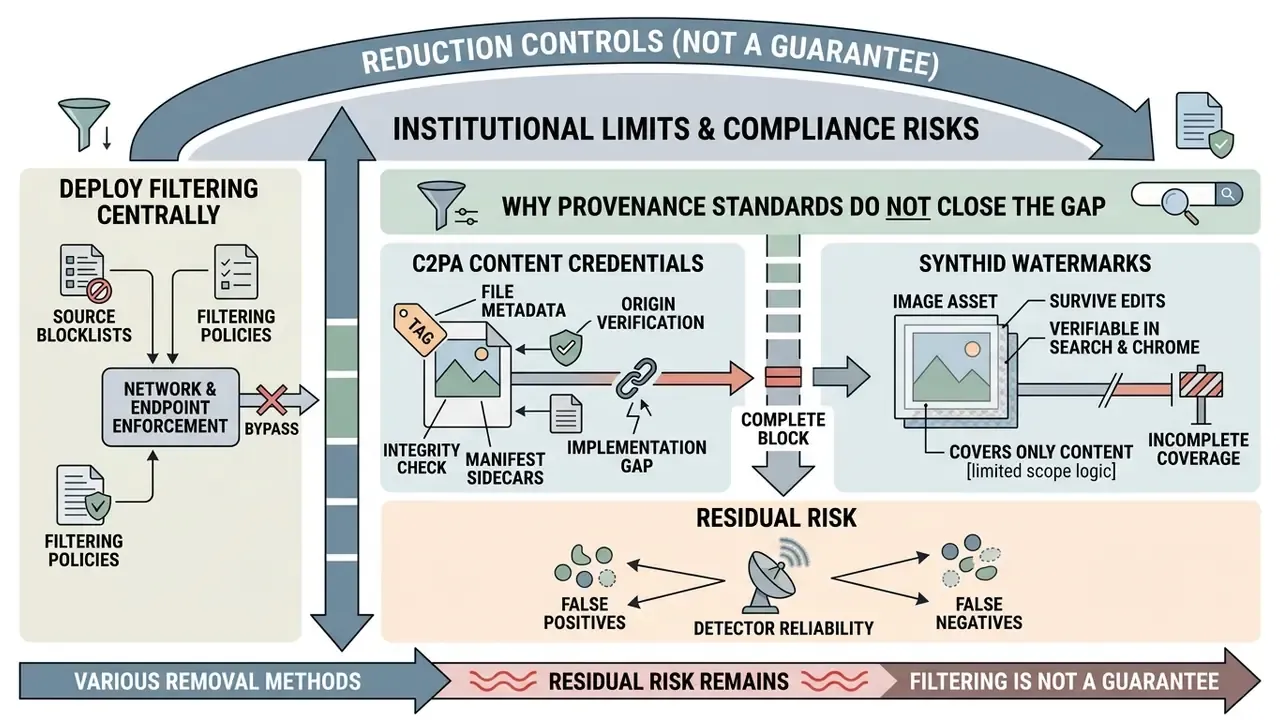 Diagram detailing how C2PA credentials and SynthID watermarks function alongside residual filtering risks