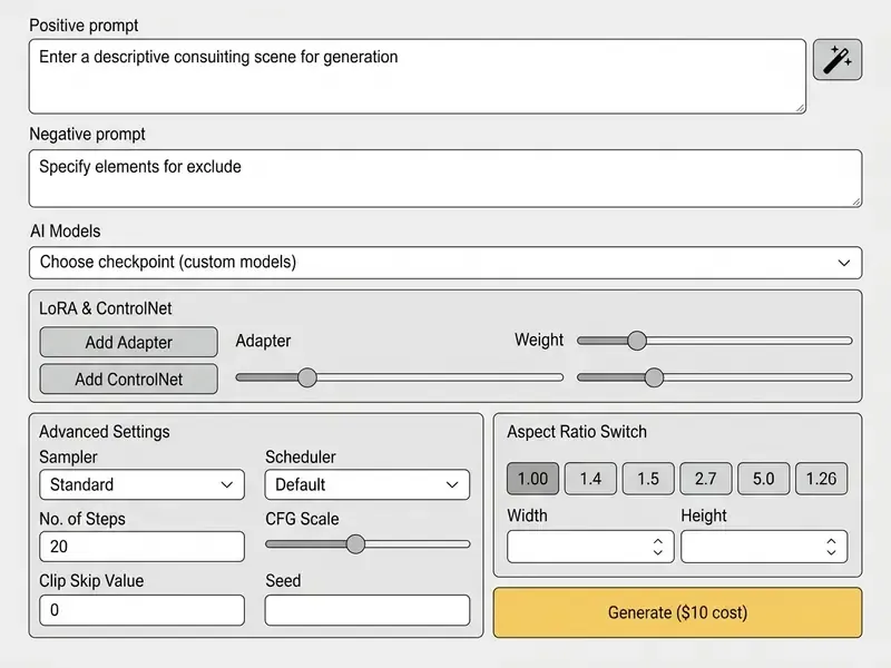 Classic Workbench interface with text prompts, model selection, and advanced generation control settings