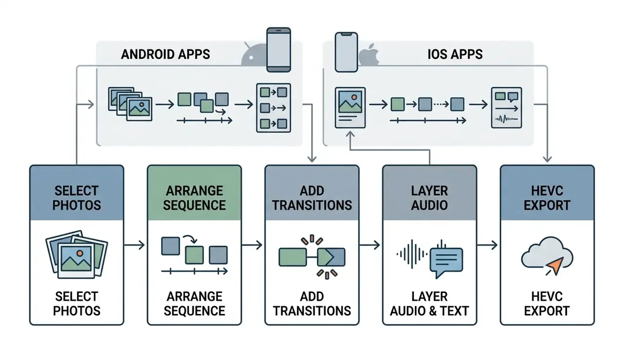 Workflow steps for a photo to video pipeline on Android and iOS devices from selection to HEVC export