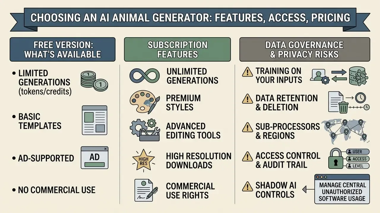 Comparison chart detailing free versus subscription tiers and data privacy risks for software tools