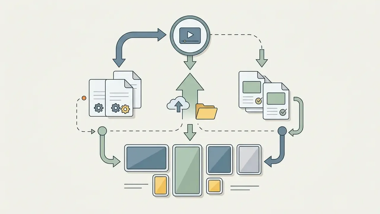 Diagram illustrating file uploads and document processing feeding into a central video creation hub