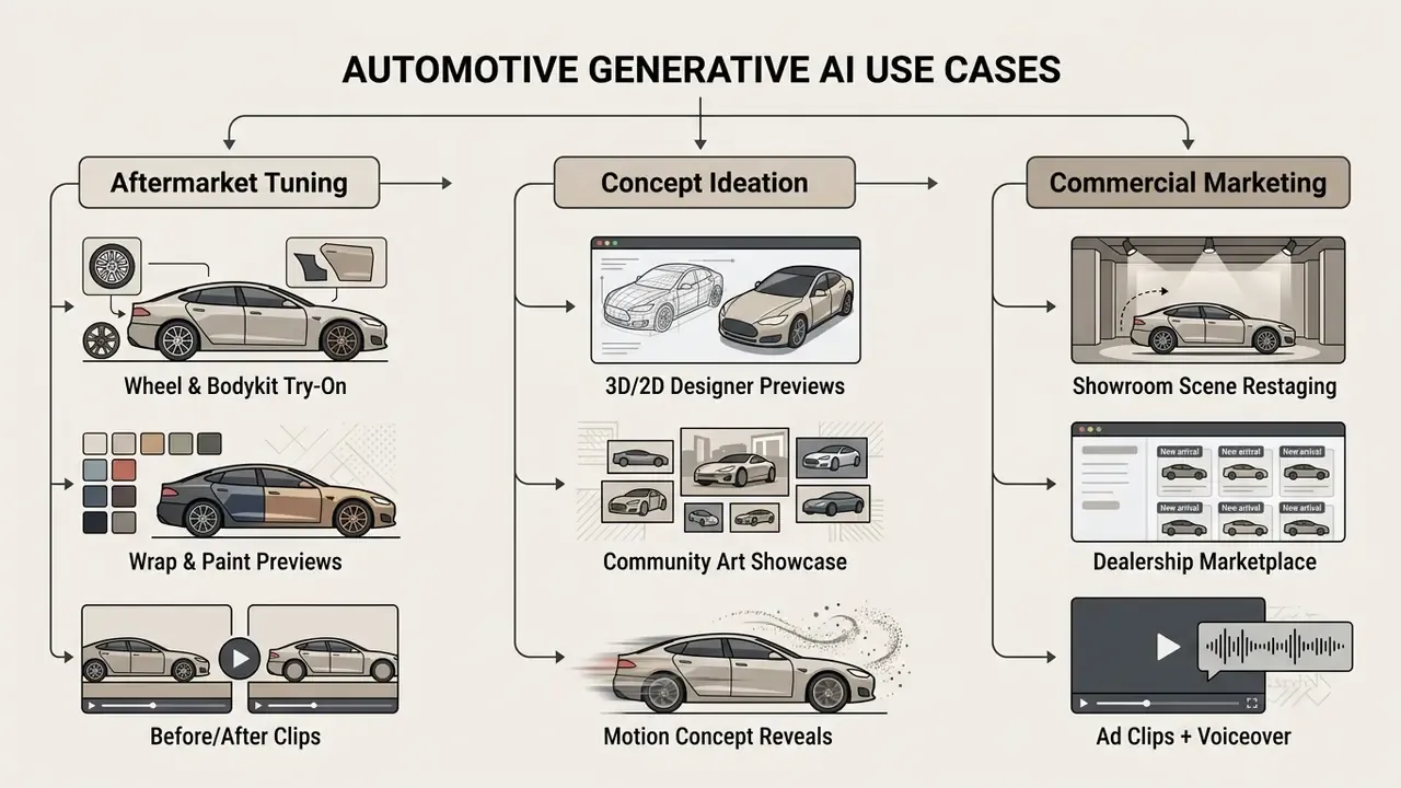 Categorized list showing automotive design applications for aftermarket tuning, concept ideation, and marketing