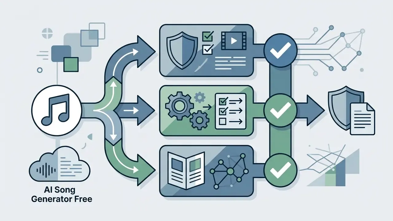 System of arrows connecting audio inputs to compliance checks and distribution rules for an AI song generator
