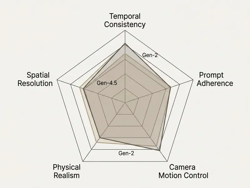Radar chart comparing performance metrics across Runway AI video generation models Gen-2 and Gen-4.5