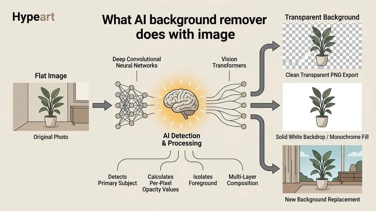 Diagram showing how AI processes a photo to isolate a subject and create new background compositions