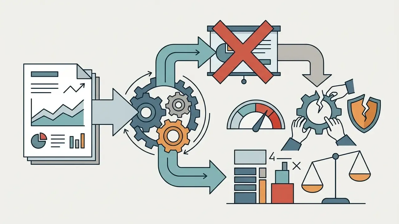 Financial documents moving through gears toward a crossed-out slide, a broken gear, and a balance scale