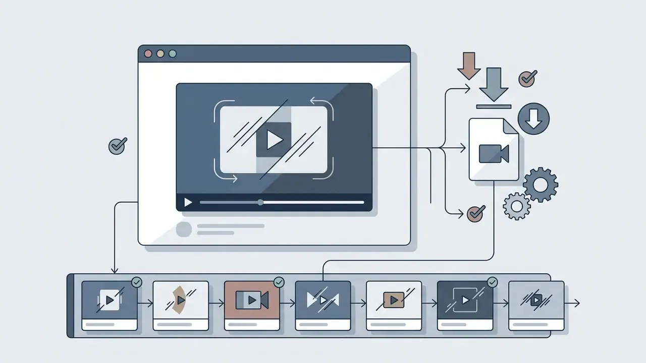 Video player interface showing export arrows and a history strip of recent project thumbnails