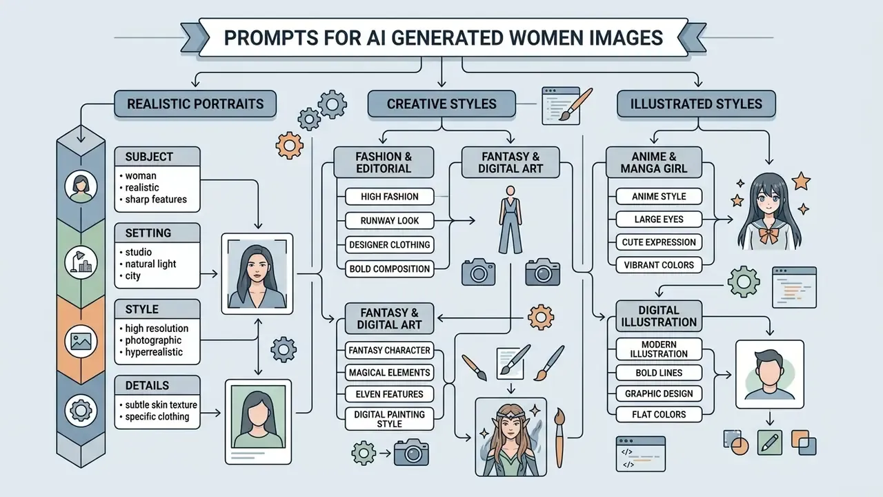 Categorized flowchart detailing prompt structures for realistic, creative, and illustrated female portraits