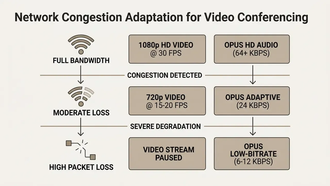 Diagram showing how video and audio quality adjust automatically based on network signal strength