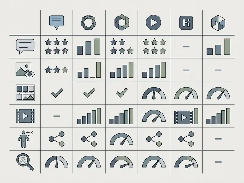 Grid table comparing AI tool capabilities across text, images, comics, video, LoRA support, and detail levels