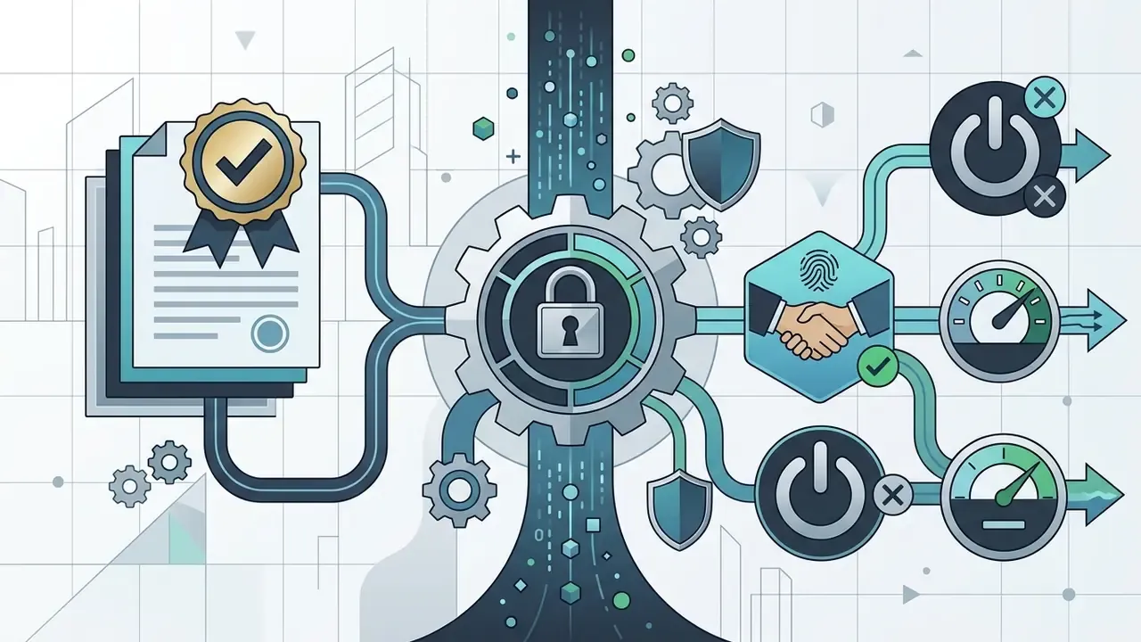 Certified document feeding into a central gear and lock mechanism connected to handshake and power icons