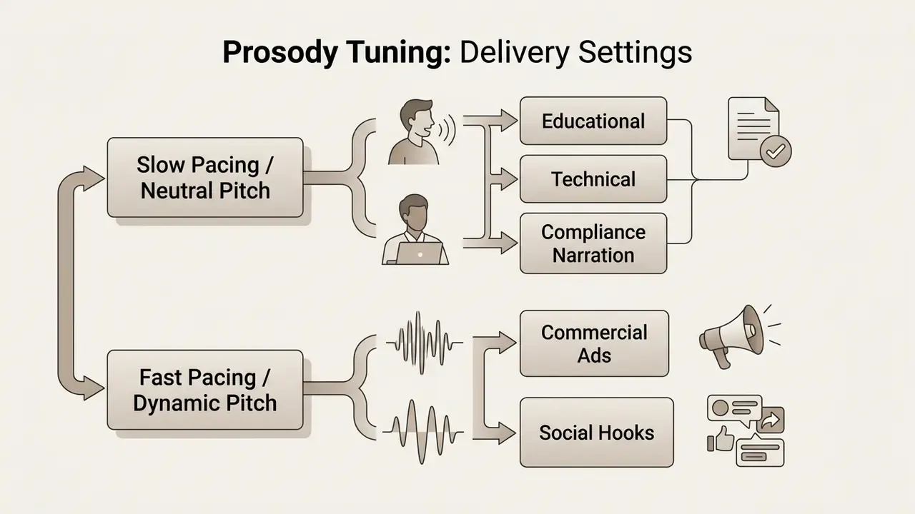 Diagram linking pacing and pitch settings to specific narration styles and content formats