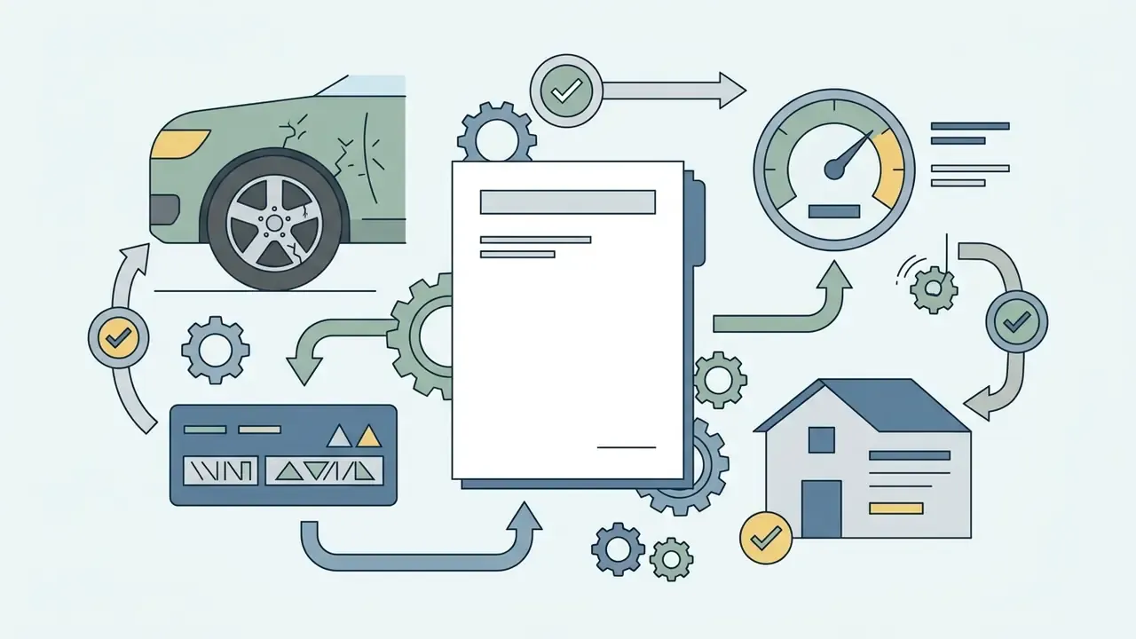 Car, house, and identification icons connected by gears and arrows to a central document file