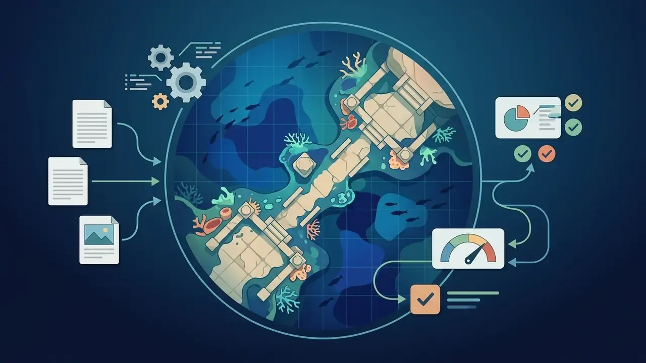 Documents and images feeding into a gear system that outputs an underwater temple map with data widgets