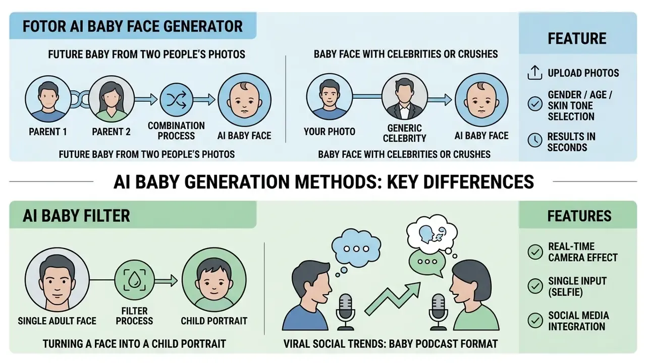 Infographic comparing baby face generation processes with real-time filters and social media trends