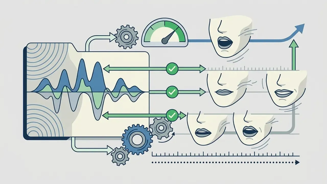 Audio waveform data synchronized with facial viseme shapes using gears and a performance gauge