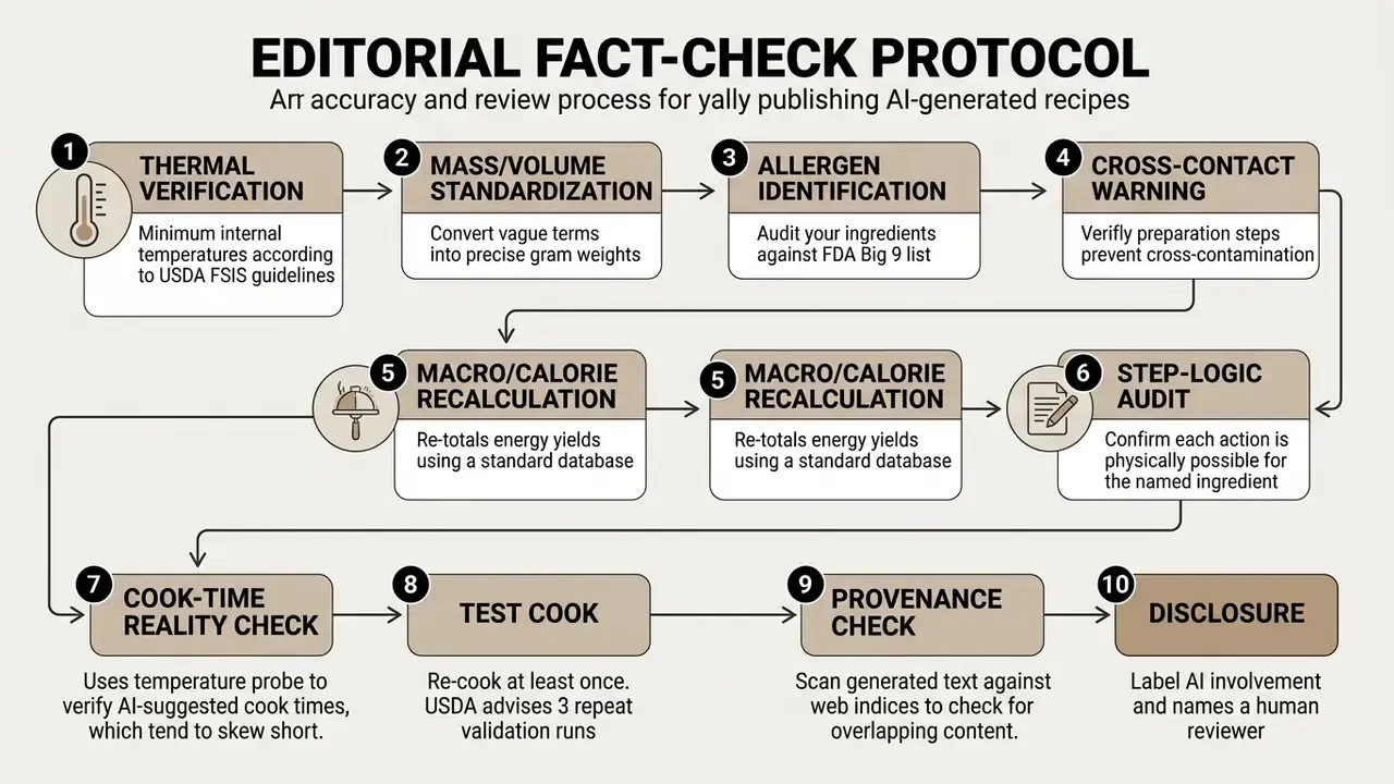 Ten step sequence for verifying recipe accuracy covering thermal checks, ingredient audits, and testing