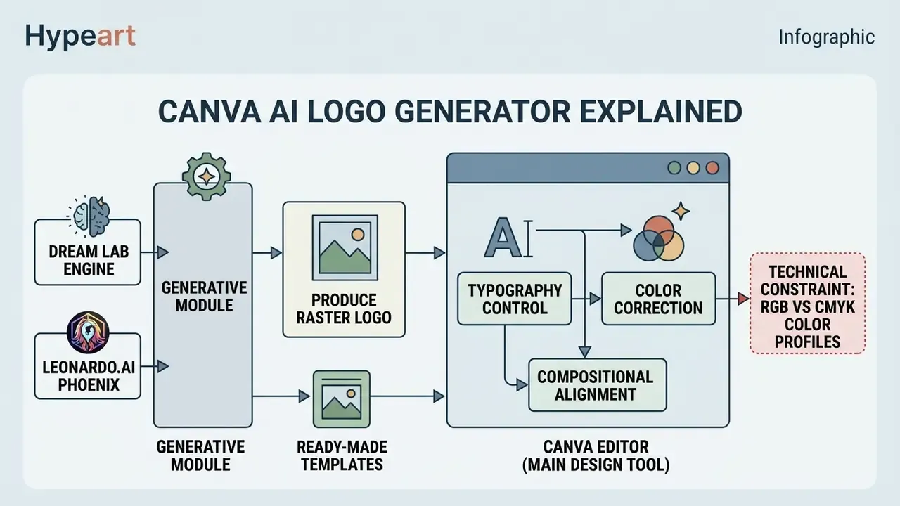 Flowchart showing how the Canva AI logo generator creates raster logos and templates for the Canva editor