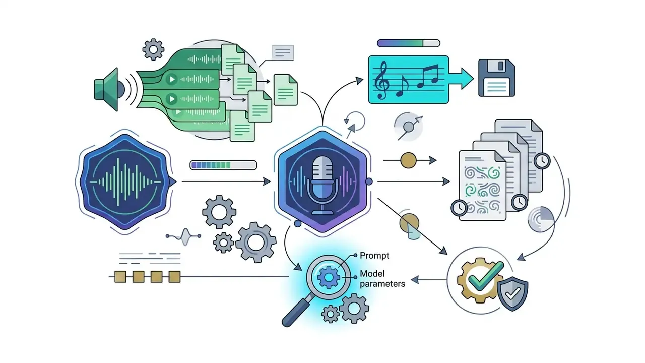 Central microphone icon connecting audio stems, MIDI files, and metadata parameters into a final output