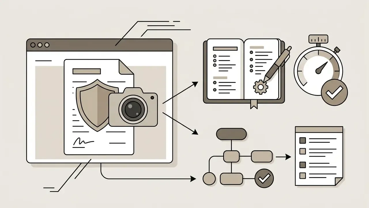 Browser window with a document, shield, and camera icon connecting to a checklist, timer, and workflow