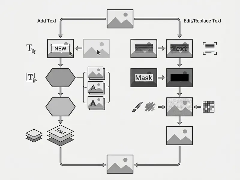 Decision tree diagram comparing workflows for adding new text versus editing existing text in images