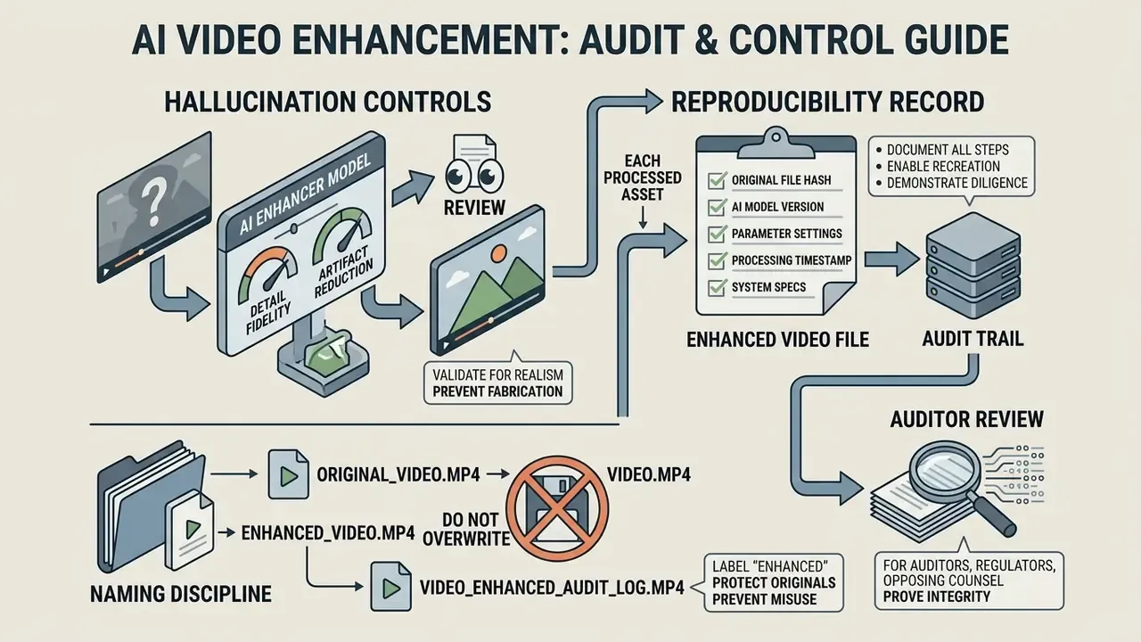 Diagram showing AI video enhancement controls, reproducibility records, and file naming discipline for audits
