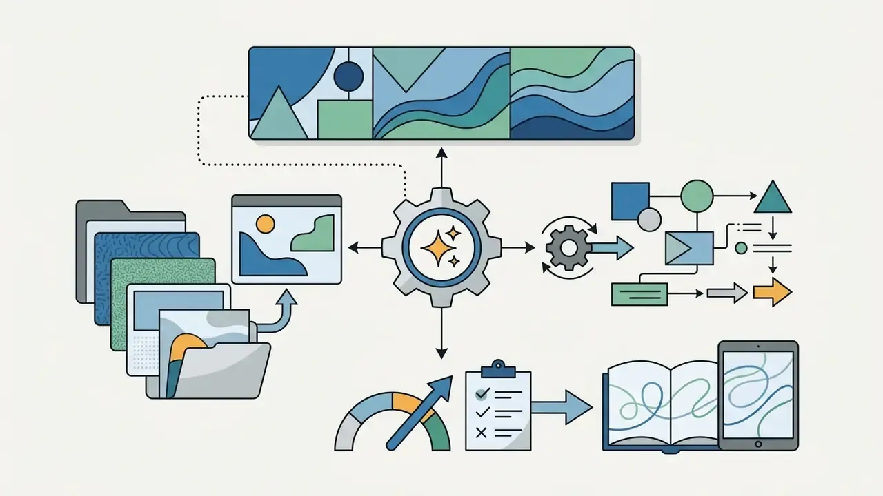 Central gear icon connecting image generation, file organization, workflow steps, and editorial output