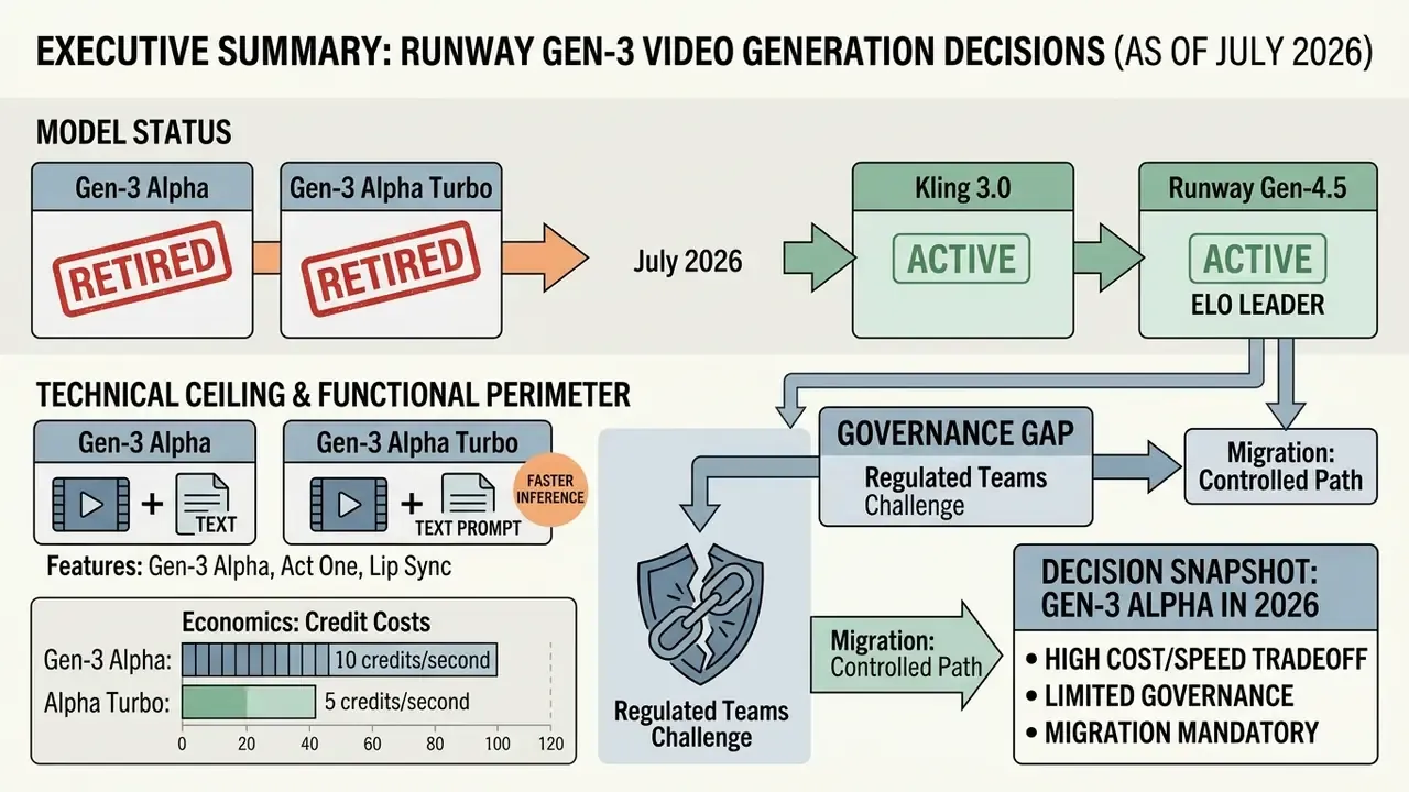Flowchart comparing retired Runway Gen-3 models to active alternatives and outlining migration paths