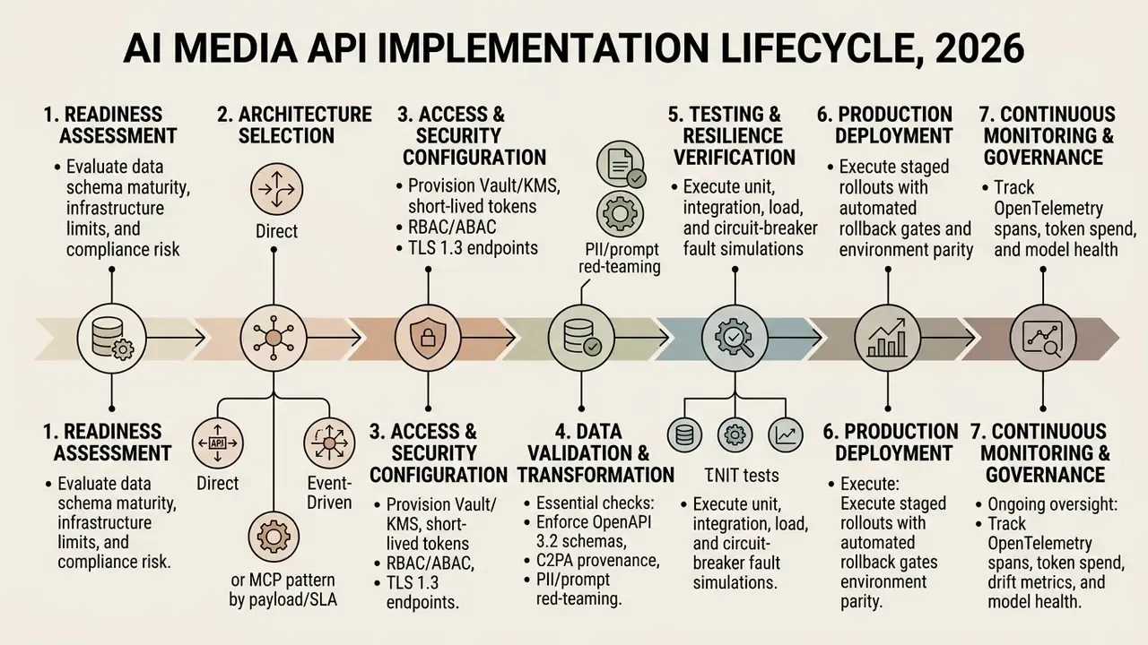 Seven-step linear diagram detailing the AI media API implementation lifecycle with icons and descriptions