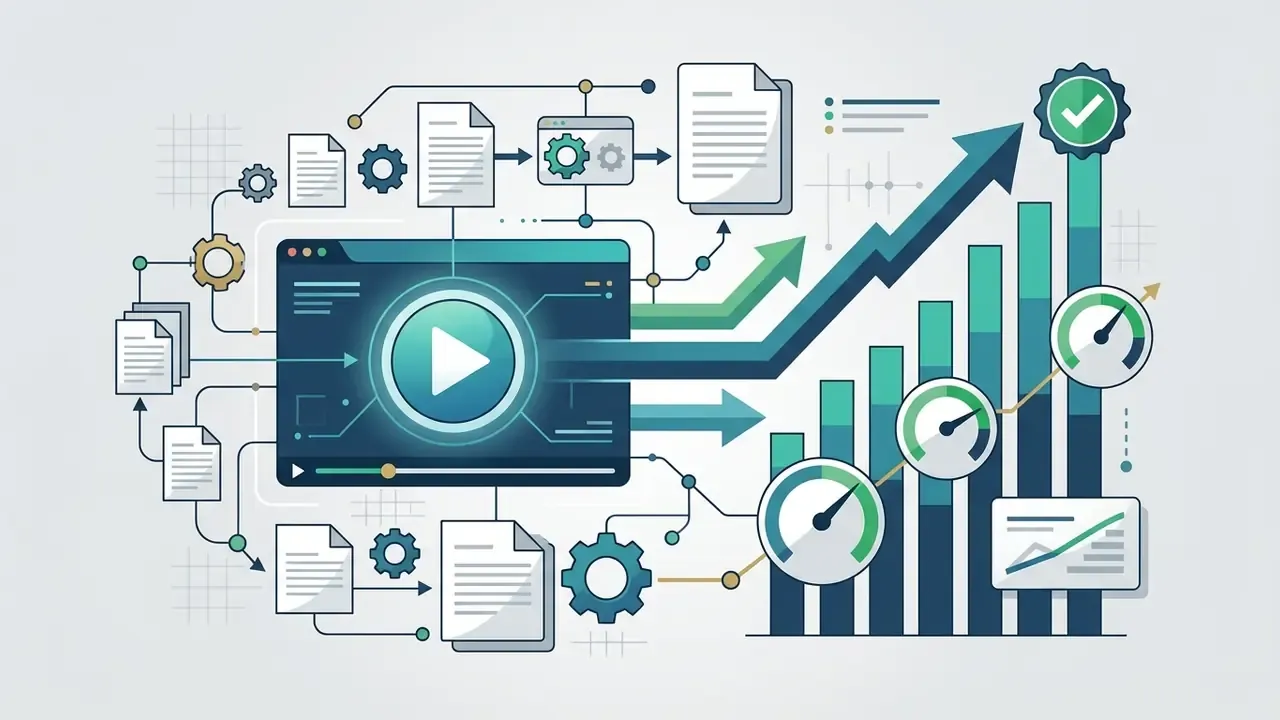 Video player interface connected to document icons and a rising bar chart with performance gauges