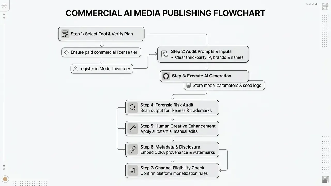 Sequential process diagram outlining seven steps for managing AI media compliance before publication