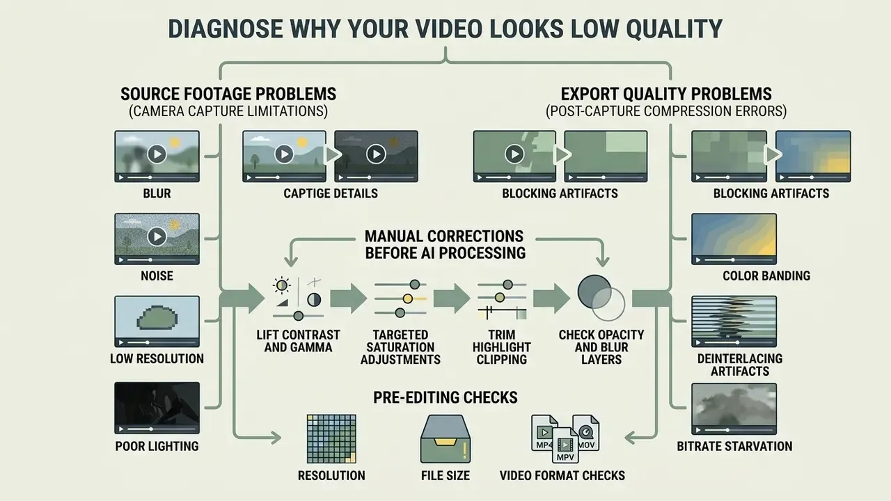 Flowchart comparing source and export video issues with manual correction steps before AI processing
