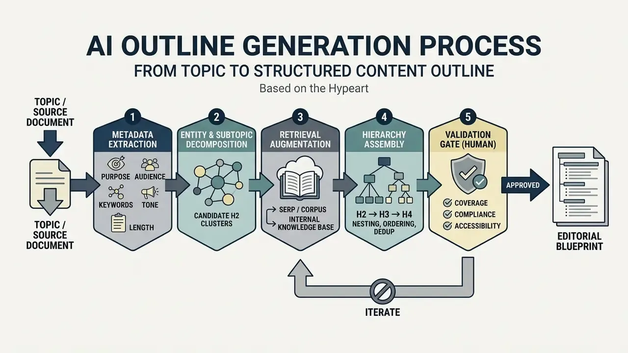 Flowchart detailing five sequential steps for an AI outline generator to create an editorial blueprint