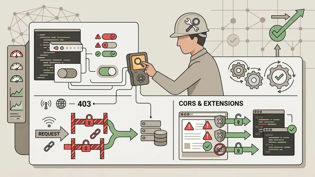 Technician inspecting network request blocks and security settings to resolve connection errors