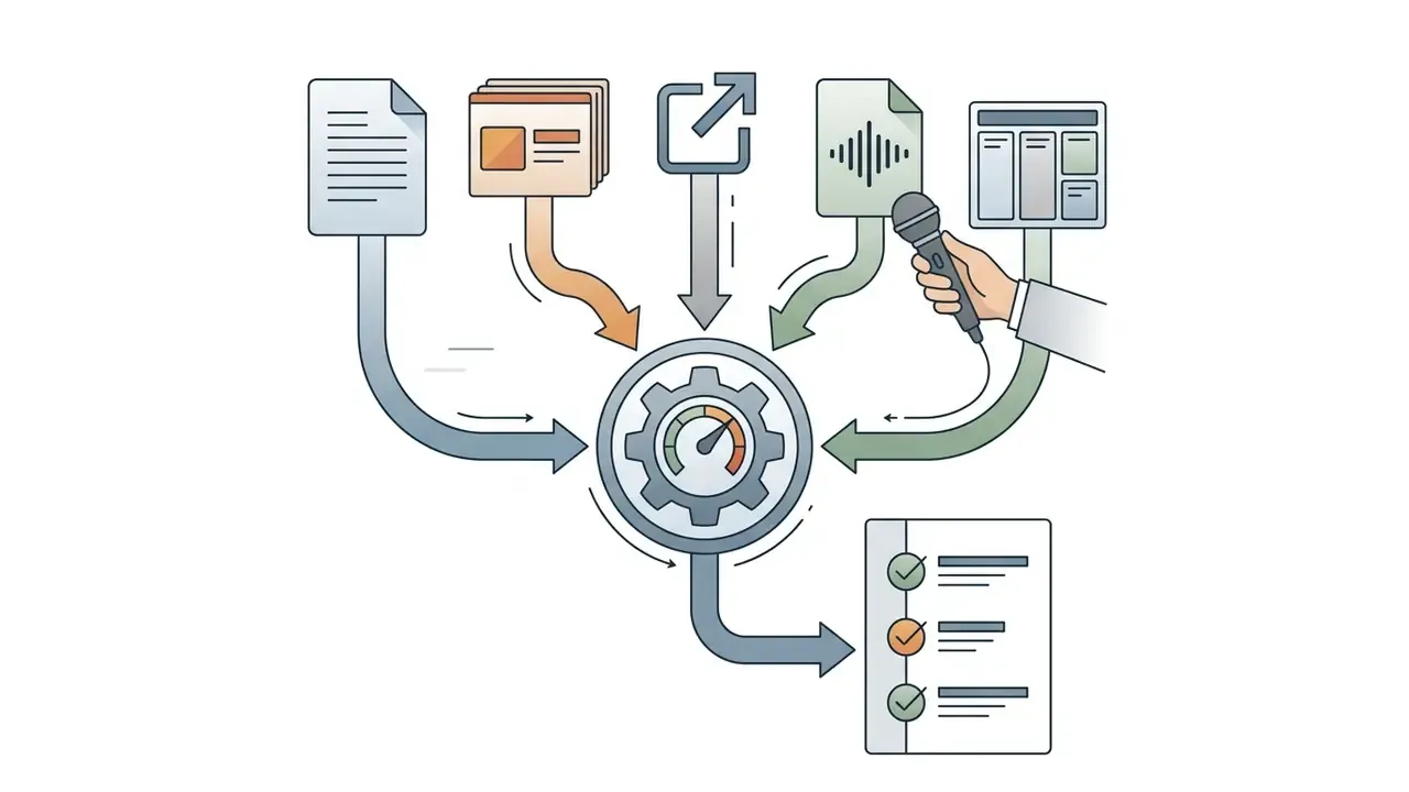 Various file types and a hand holding a microphone feeding into a central gear to create a task list