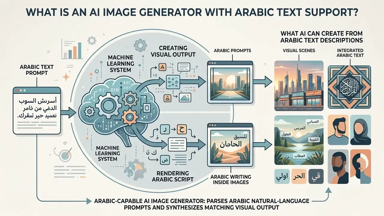 Infographic showing how an AI image generator processes Arabic text prompts into visual scenes and script