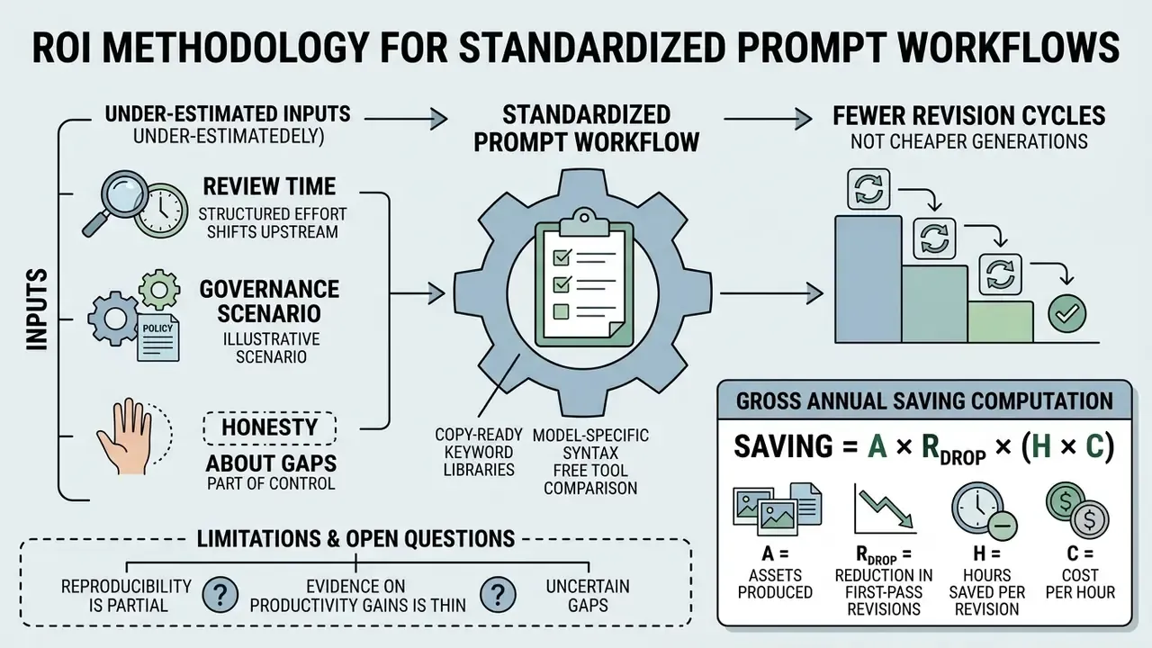Calculations for annual savings alongside inputs and workflow steps for standardized prompt management