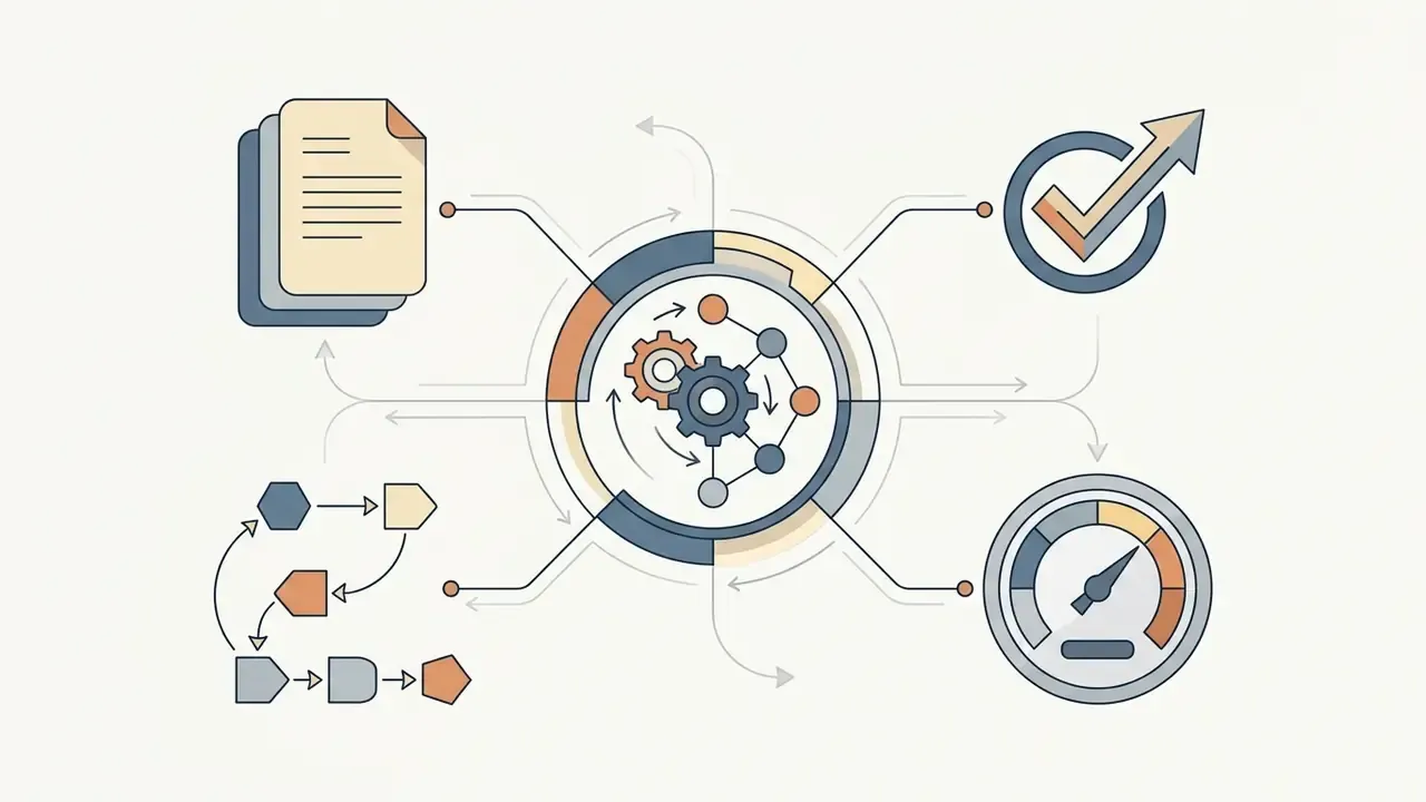 Stack of papers and a small flowchart feeding into a central gear system linked to a checkmark and gauge