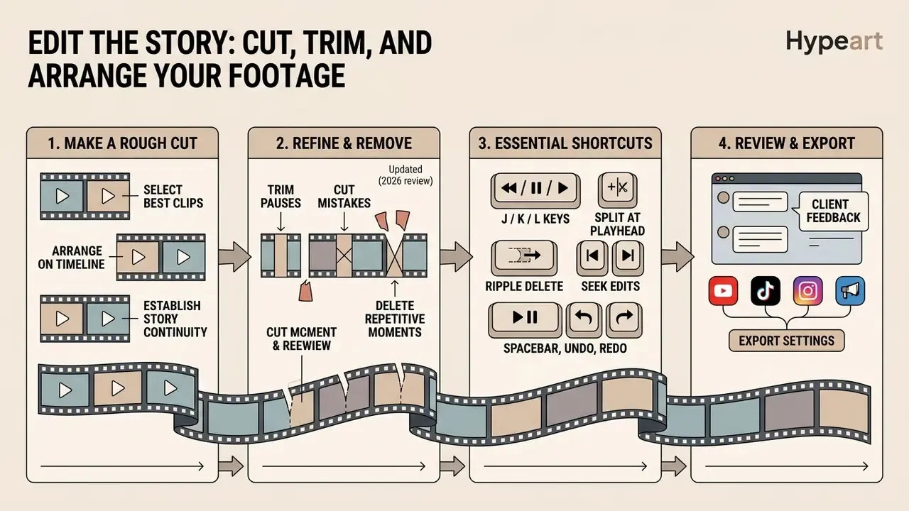 Four steps for video editing including rough cuts, refining footage, keyboard shortcuts, and final export