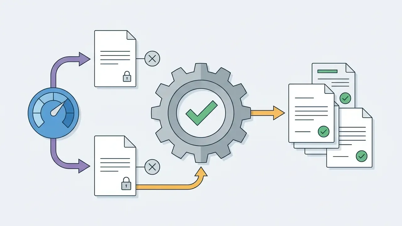 Gauge and locked documents feeding into a gear icon to produce verified documents with checkmarks