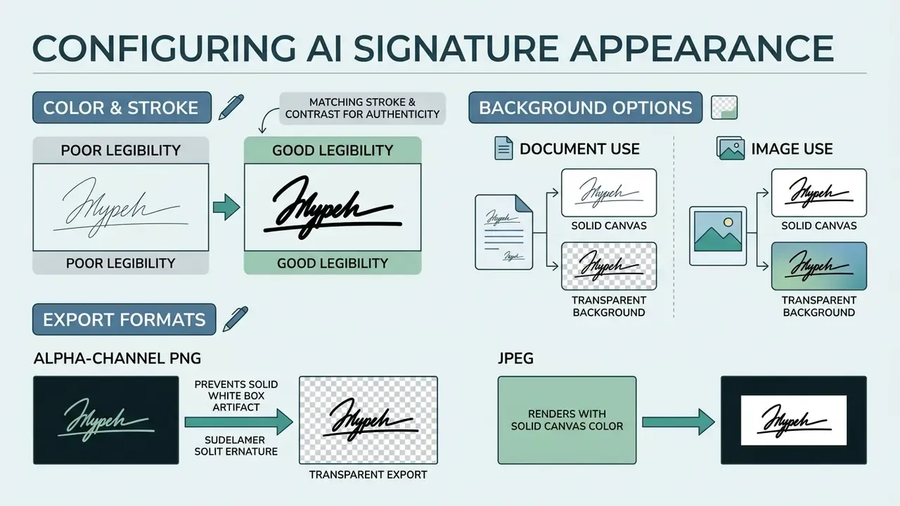Infographic detailing adjustments for signature stroke thickness, background transparency, and file exports