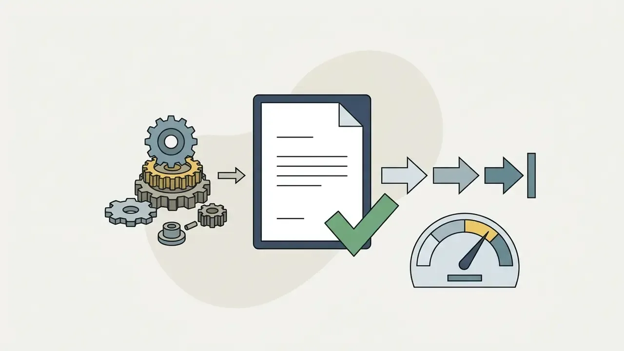 Interlocking gears feeding into a verified document that moves toward a gauge measuring performance