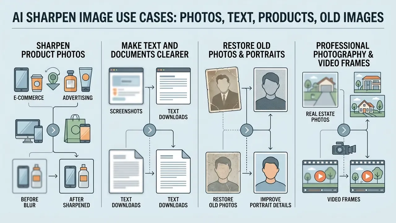 Four column diagram showing visual improvements for e-commerce, documents, portraits, and video frames